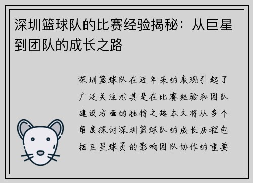 深圳篮球队的比赛经验揭秘：从巨星到团队的成长之路